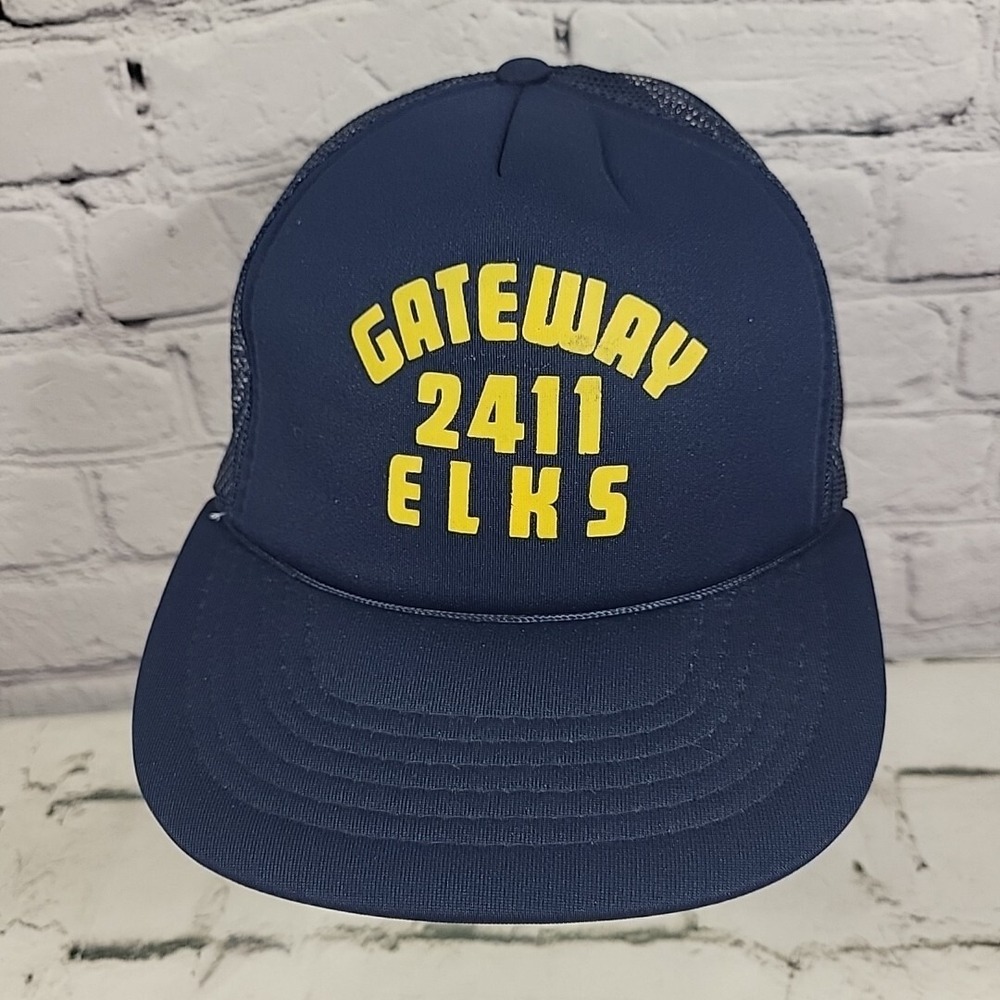 Vintage Trucker Hat Elks Club Lodge 2411 Mens Navy Blue Rope Mesh Snapback Cap